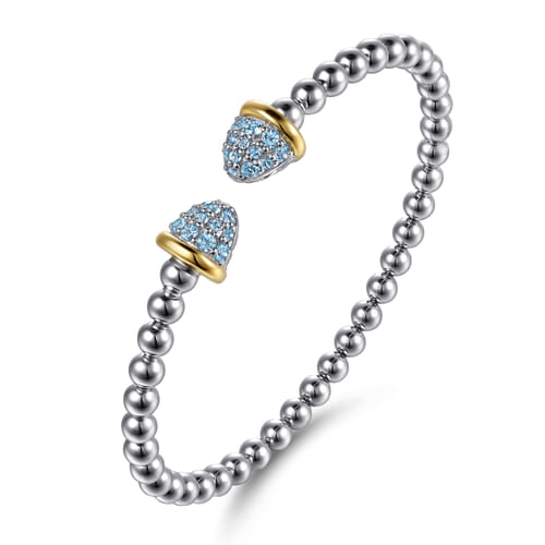 14K Yellow Gold and Sterling Silver Bujukan Pavé Blue Topaz Bullet Split Bangle Bracelet