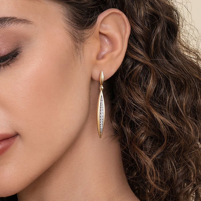 14K White and Yellow Gold Diamond Bullet Stud Drop Earrings