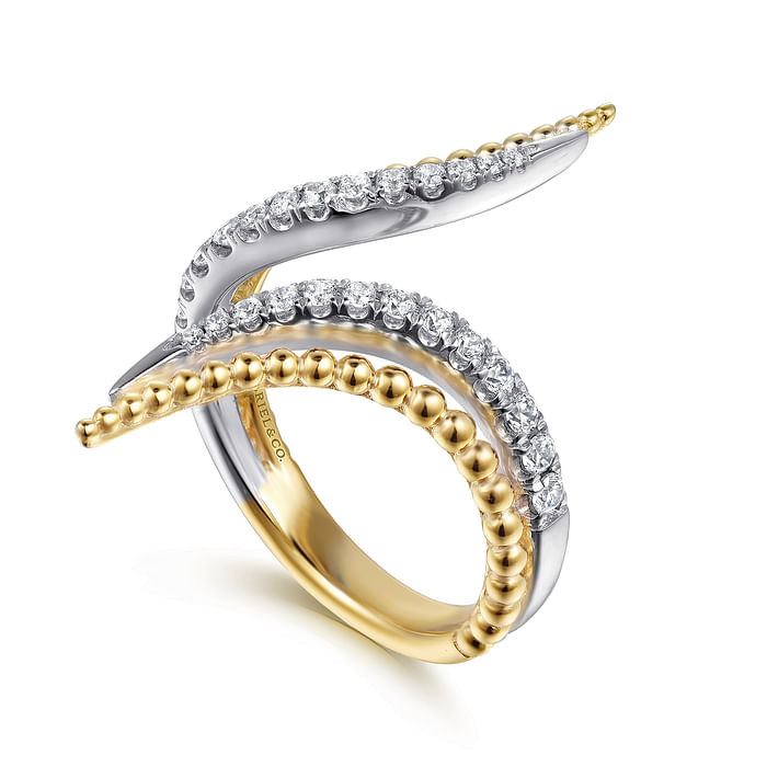 14K White & Yellow Gold Bujukan and Diamond Double Row Bypass Ring