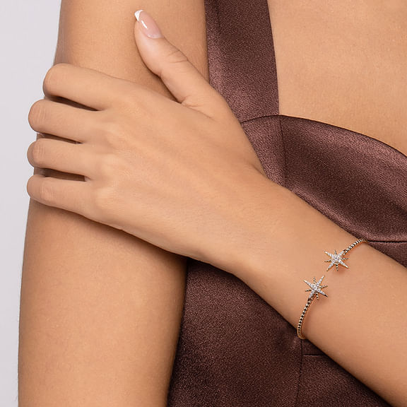 14K Yellow Gold Bujukan and Diamond Starburst Open Bangle Bracelet
