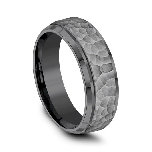 Benchmark | Tantalum Hammered Wedding Band with Beveled Edge