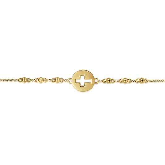 14K Yellow Gold Chain Bracelet with Cutout Cross Disc