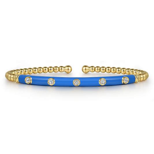 14K Yellow Gold Bujukan Beads and Diamond Split Bangle with Blue Enamel