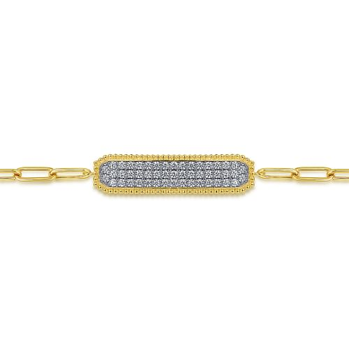 14K Yellow Gold Diamond Pave Wide Bar Hollow Chain Bracelet