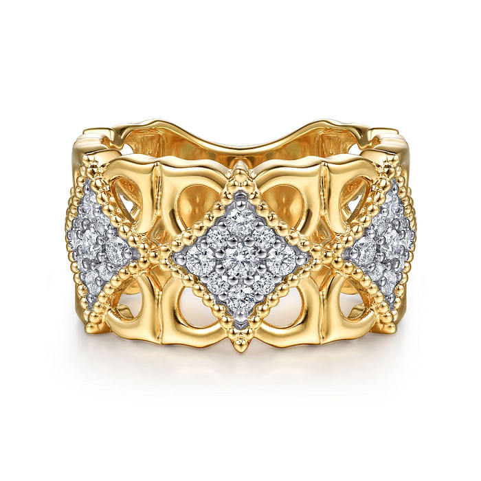 18K Yellow Gold Bujukan and Diamond Floral Wide Band Ring