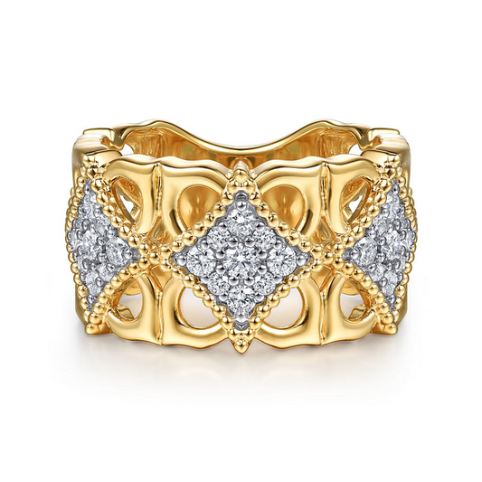 18K Yellow Gold Bujukan and Diamond Floral Wide Band Ring
