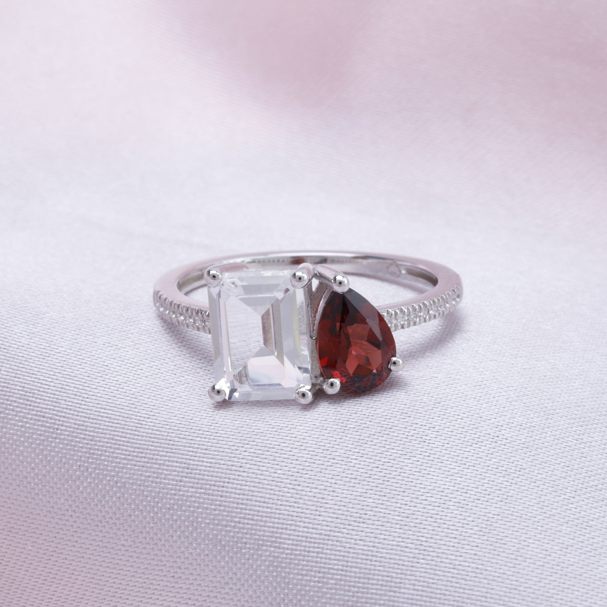 Luvente | Two-Stone Garnet, White Topaz, and Diamond Ring
