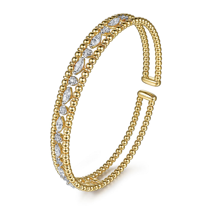 14K Yellow Gold Bujukan Cuff Bracelet With Marquise and Round Diamonds - 1.24 Carats