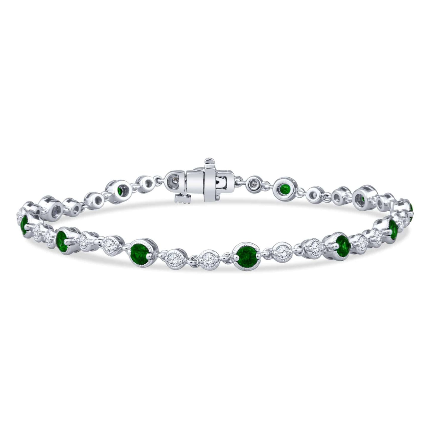Vintage Style Milgrain Alternating Round Bezel Set Emerald and Diamonds Bracelet