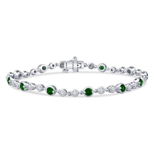 David Connolly | Vintage Style Millgrain Alternating Round Bezel Set Emerald and Diamonds Bracelet