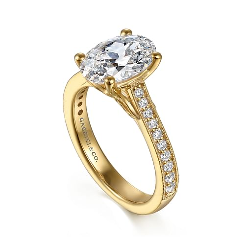14K Yellow Gold Oval Lotus Diamond Engagement Ring