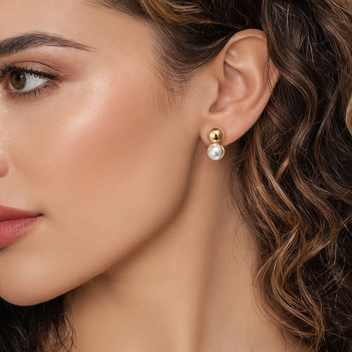 14K Yellow Gold Bujukan and Pearl Stud Earrings