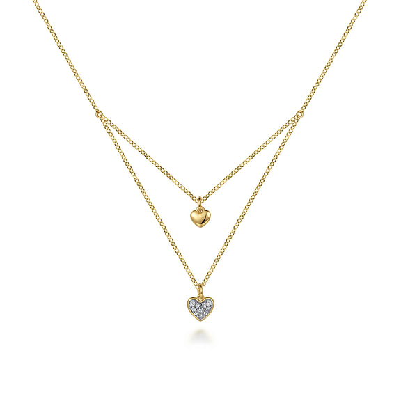 14K Yellow Gold Diamond Double Heart Pendant Necklace