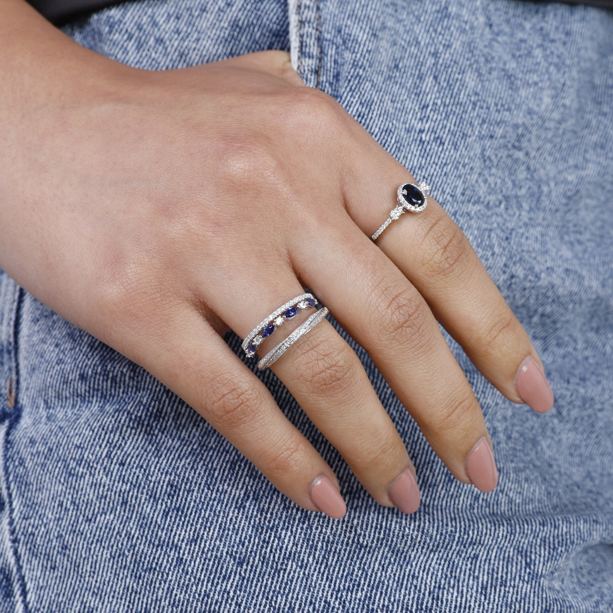 Luvente | 14K White Gold Two-Row Sapphire and Diamond Ring