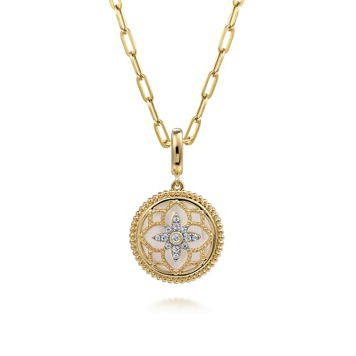 14K Yellow Gold Bujukan Diamond and Mother of Pearl Medallion Pendant