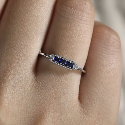 14K White Gold Diamond and Trio Princess Cut Sapphire Ladies Ring