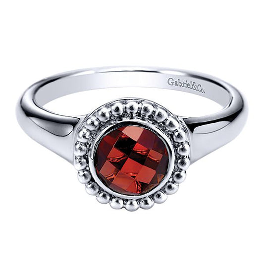 Gabriel & Co | Sterling Silver Beaded Round Cut Garnet Ring