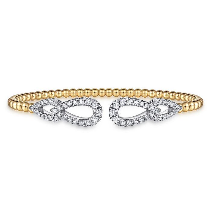 14K White and Yellow Gold Bujukan and Diamond Double Teardrop Open Bangle Bracelet