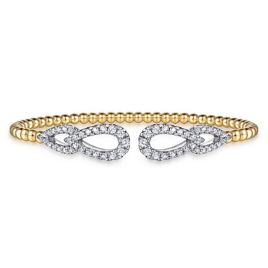 14K White and Yellow Gold Bujukan and Diamond Double Teardrop Open Bangle Bracelet