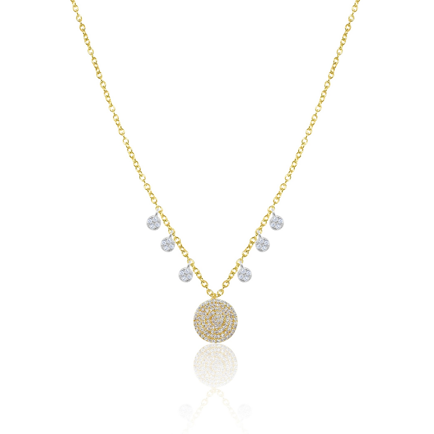 Yellow Gold Pave Diamond Disc Necklace with Charms