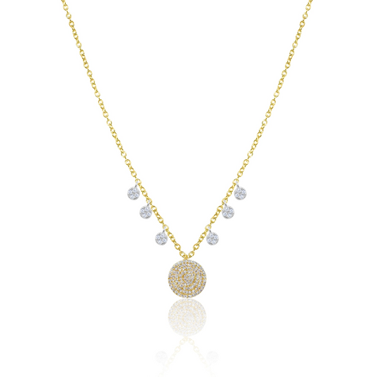Yellow Gold Pave Diamond Disc Necklace with Charms