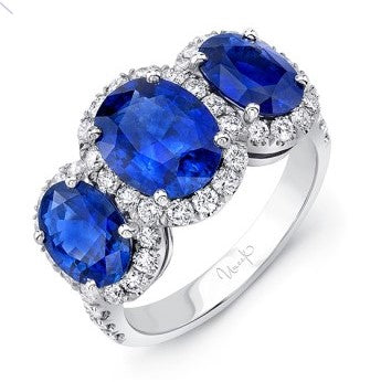 Uneek | Oval Sapphire Three-Stone Three-Halo Engagement Ring