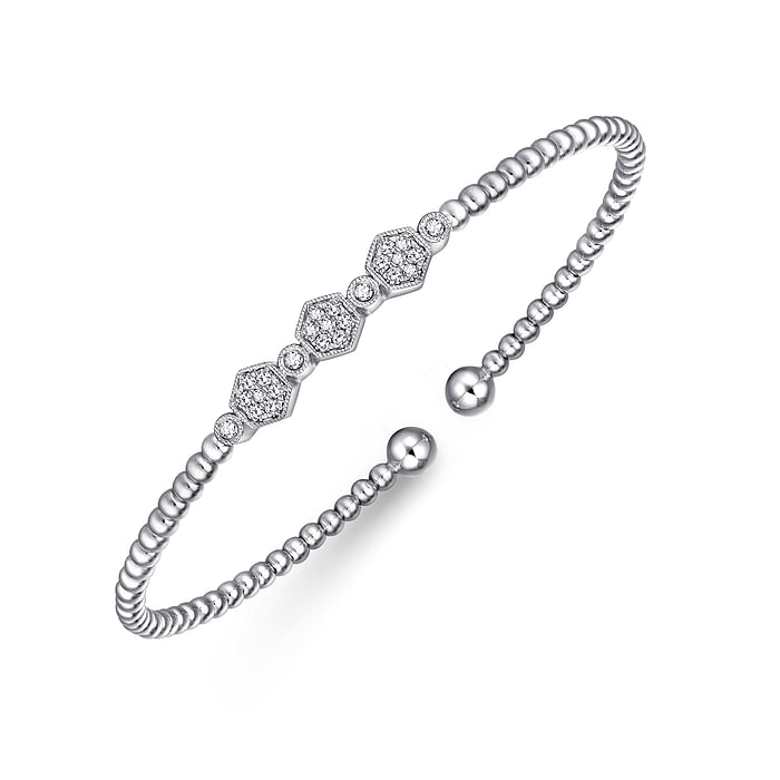 14K White Gold Bujukan Bead and Hexagon Cluster Diamond Bangle