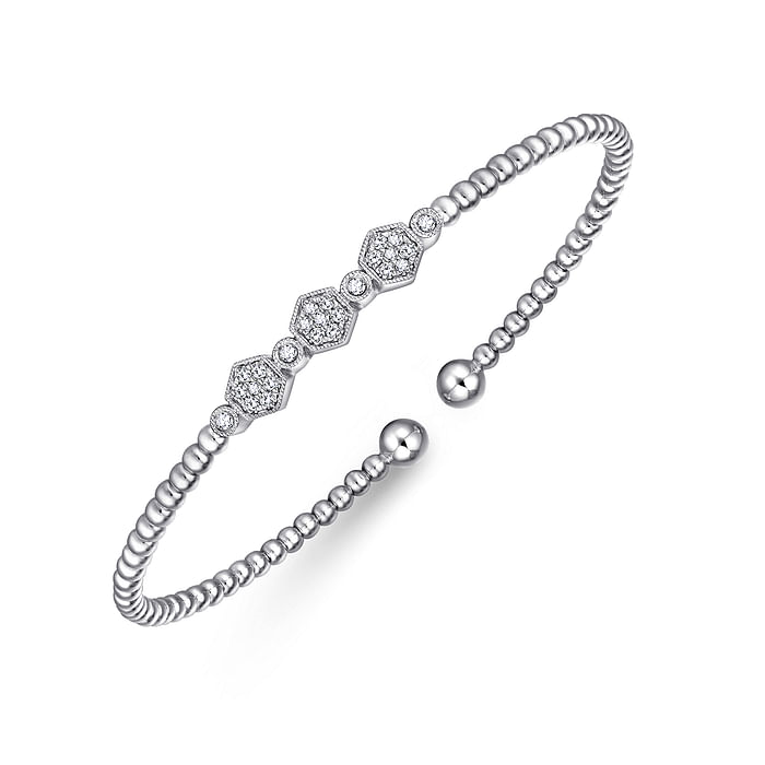 Gabriel & Co | 14K White Gold Bujukan Bead and Hexagon Cluster Diamond Bangle