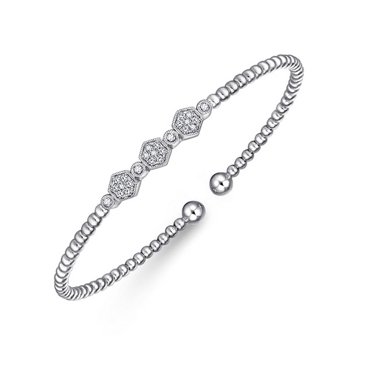 14K White Gold Bujukan Bead and Hexagon Cluster Diamond Bangle