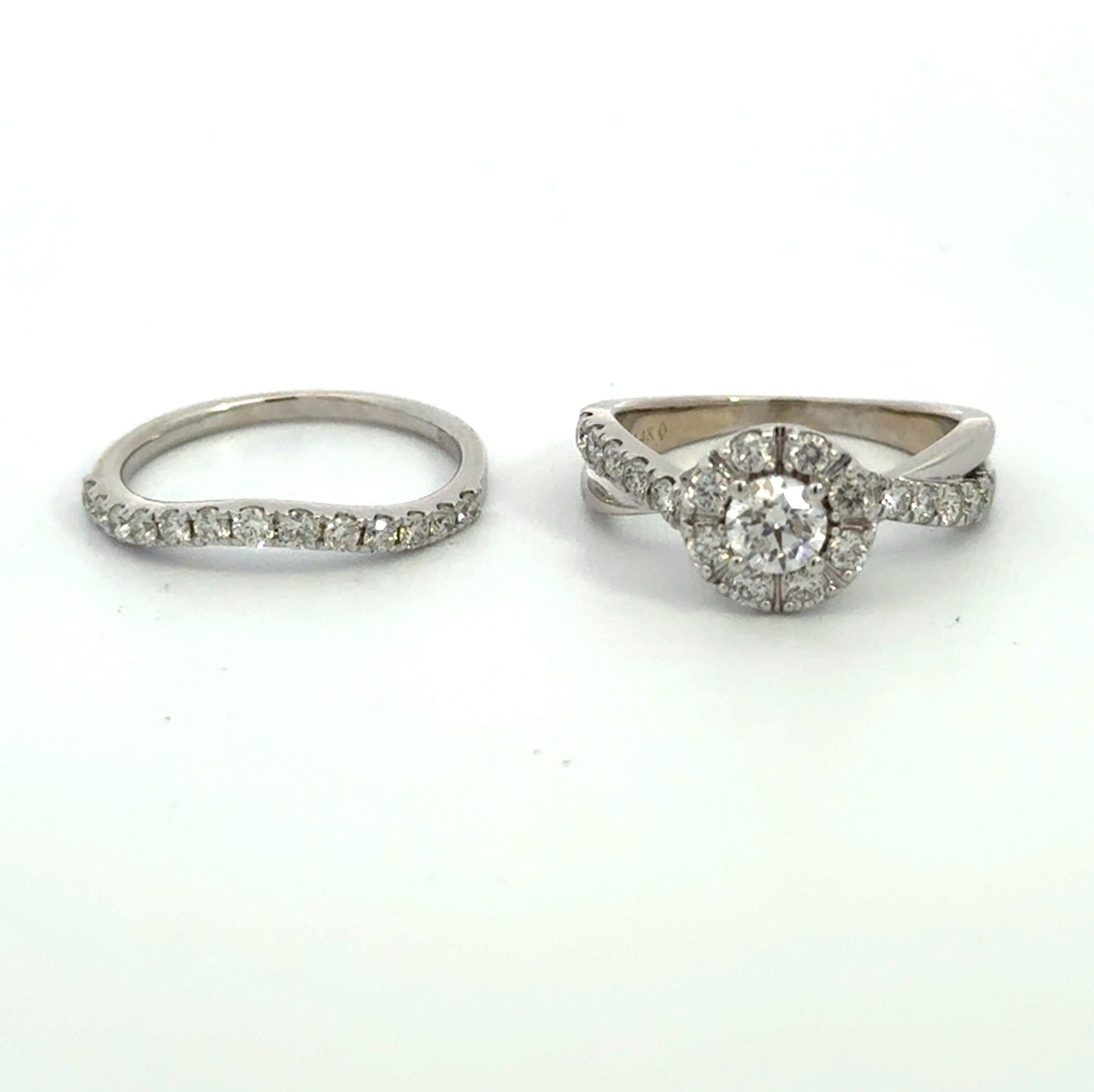 Kirkland Jewelry Estate - 14K White Gold Halo Twist Engagement Ring and Wedding Band Set (1.33 CTW)