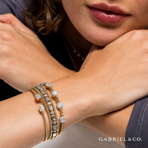 14K Yellow Gold Bujukan Open Cuff Bracelet with Diamond Baguettes
