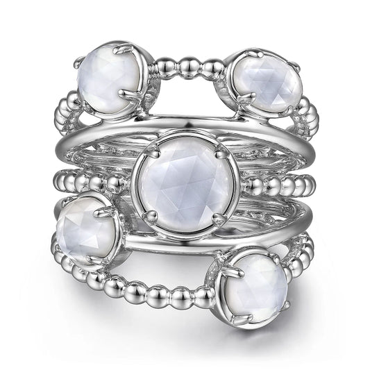 925 Sterling Silver Rock Crystal and White Mother of Pearl Statement Bubble Ring
