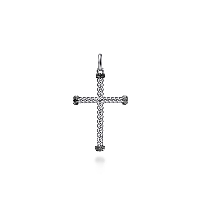 925 Sterling Silver Twisted Rope Cross Pendant with Black Spinel
