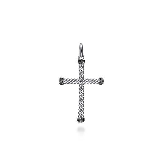 925 Sterling Silver Twisted Rope Cross Pendant with Black Spinel