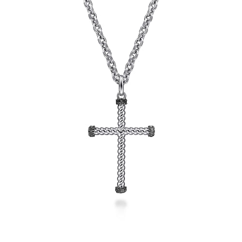 925 Sterling Silver Twisted Rope Cross Pendant with Black Spinel