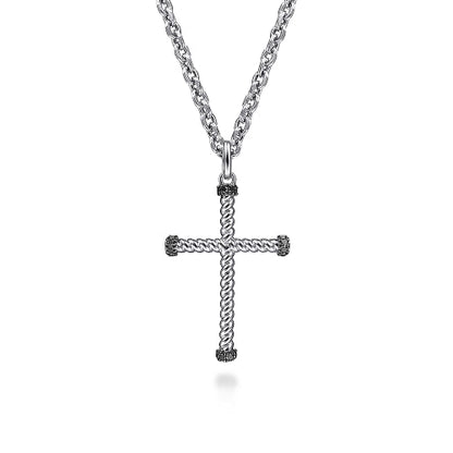 Gabriel & Co | 925 Sterling Silver Twisted Rope Cross Pendant with Black Spinel
