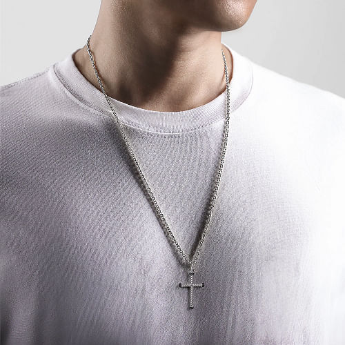 925 Sterling Silver Twisted Rope Cross Pendant with Black Spinel