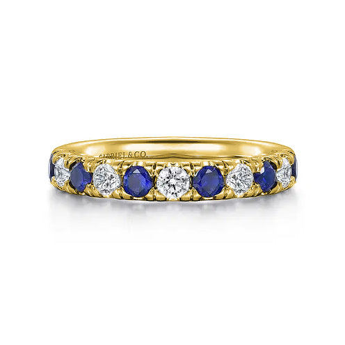 14K Yellow Gold 11 Stone Diamond and Sapphire Anniversary Band
