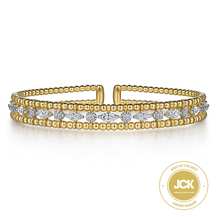 14K Yellow Gold Bujukan Cuff Bracelet With Marquise and Round Diamonds - 1.24 Carats