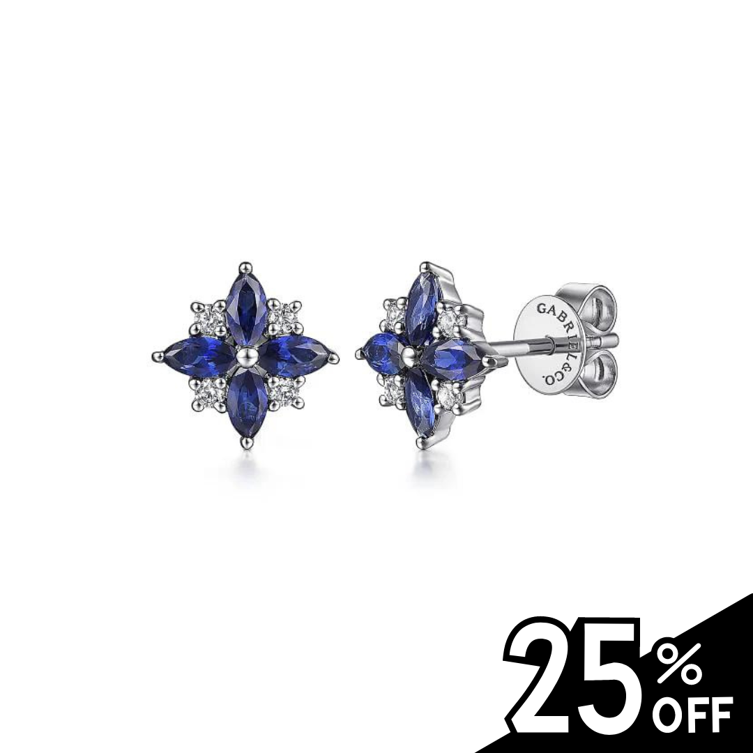 14K White Gold Diamond and Blue Sapphire Bursting Star Studs