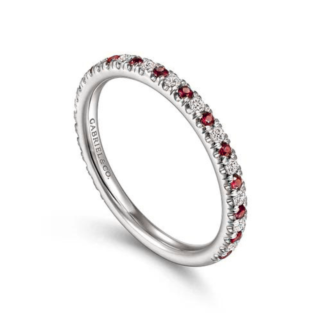 Gabriel & Co | 14K White Gold Thin Stackable Ruby and Diamond Ring