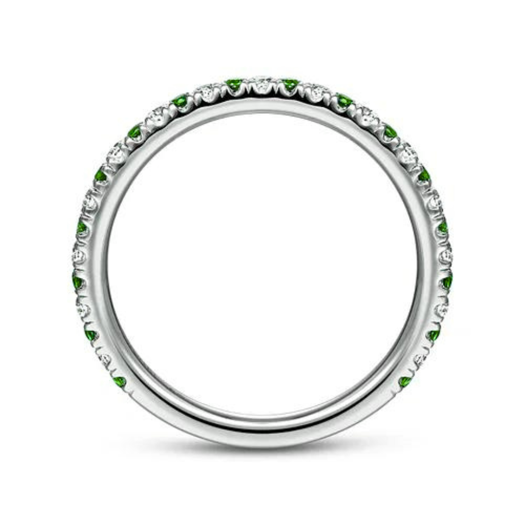 14K White Gold Thin Stackable Emerald and Diamond Ring