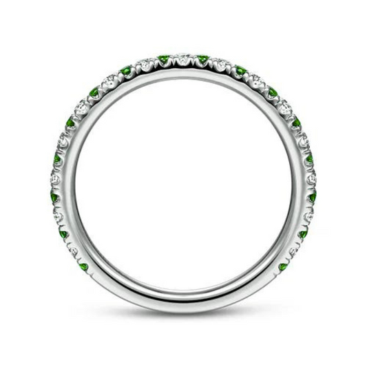 14K White Gold Thin Stackable Emerald and Diamond Ring