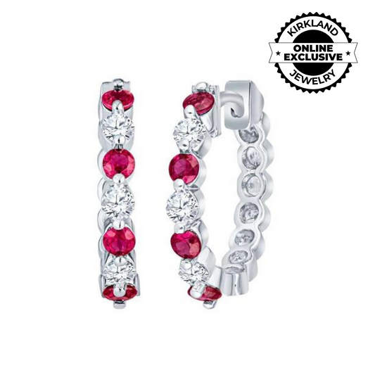 David Connolly | Classic Common Prong Diamond and Ruby Hoop Earrings