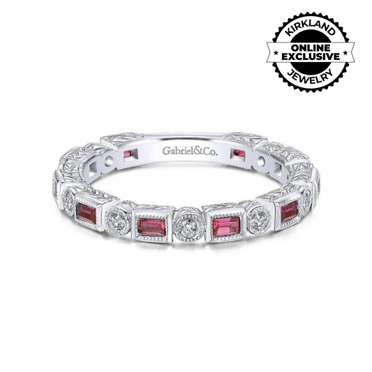 Gabriel & Co | 14K White Gold Ruby Baguette and Diamond Round Stackable Ring