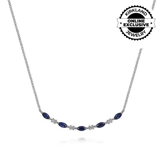 Gabriel & Co | 14K White Gold Diamond and Marquise Blue Sapphire Bar Necklace