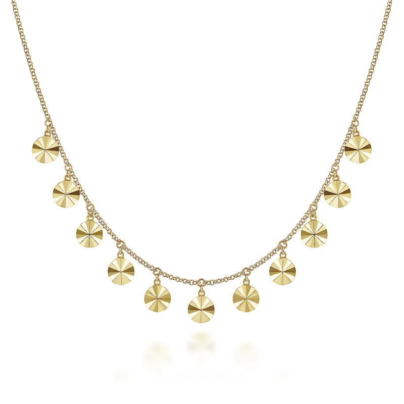14K Yellow Gold Diamond Cut Disc Drops Necklace