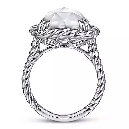 925 Sterling Silver Rope Rock Crystal and White Mother of Pearl Signet Ring