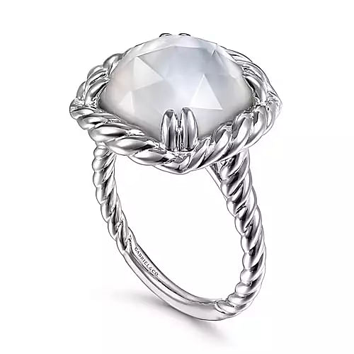 925 Sterling Silver Rope Rock Crystal and White Mother of Pearl Signet Ring