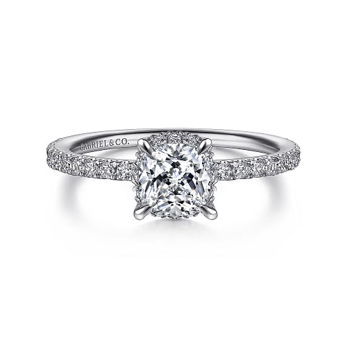 Gabriel & Co | Hart - 14K White Gold Hidden Halo Cushion Cut Diamond Engagement Ring